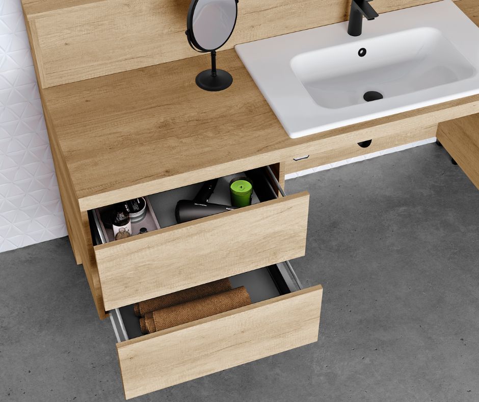 Zásuvky polohovateľnej umývadlovej skrinky Lifterio